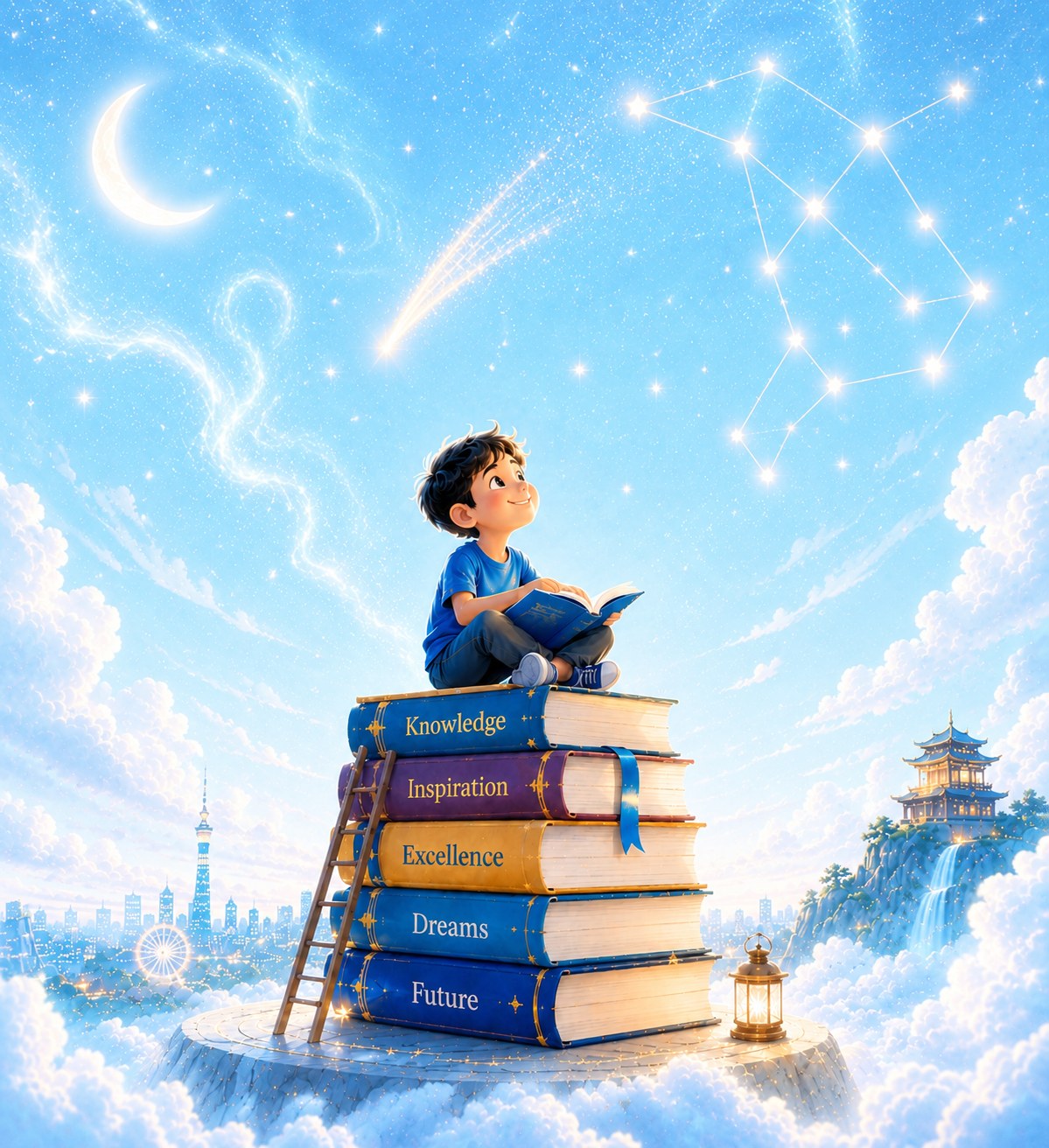 A child reading on a stack of giant books among the clouds and stars